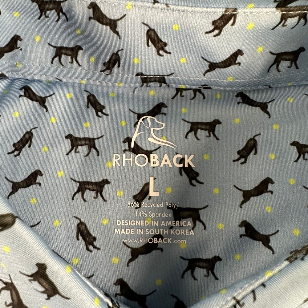 Rhoback The Lab Polo Shirt Mens L Dog Print Performance Light Blue Stretch - Picture 3 of 10